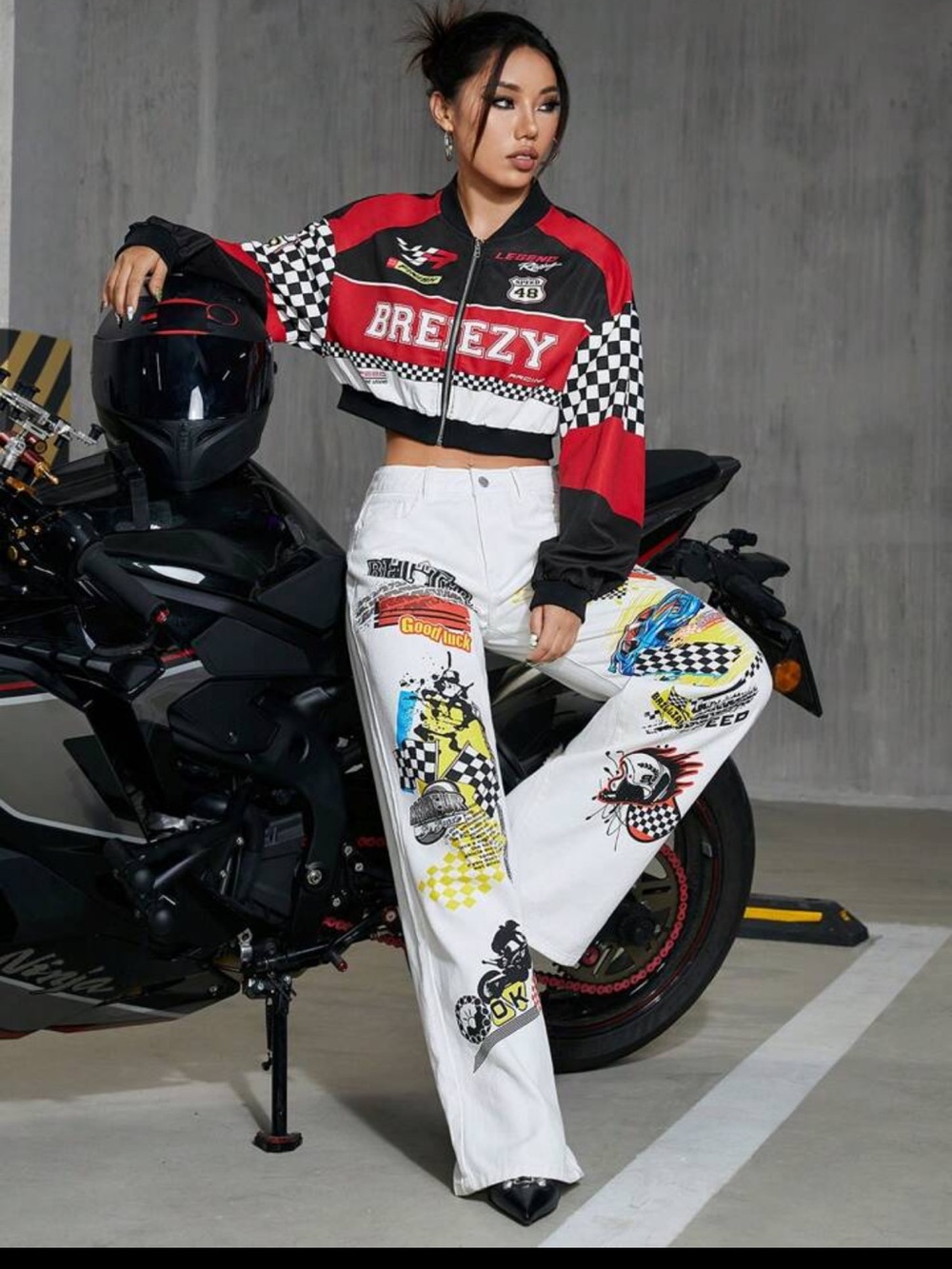 ROMWE PUNK Letter And Plaid Pattern Cropped Racer Jacket